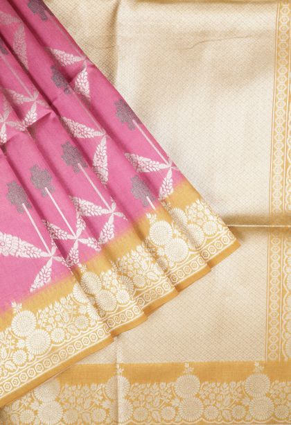 Bubblegum Pink Tussar Saree with Silver Zari Floral Patterns