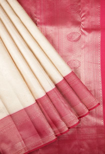Cream White Kanchipuram Silk Sarees with Gold Zari Floral Patterns
