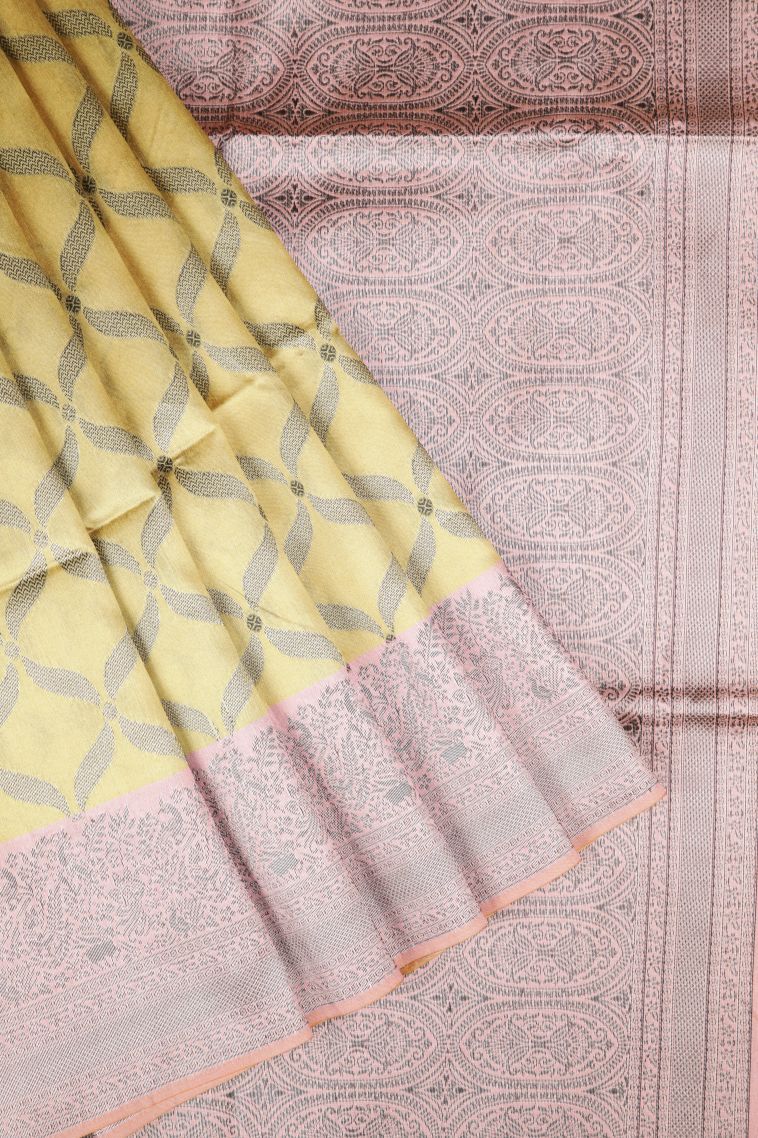 Lemon Yellow Tussar Saree with Without Zari Zari Floral Patterns view 1