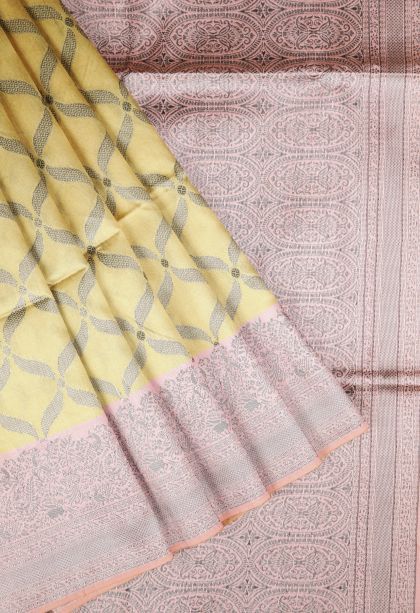 Lemon Yellow Tussar Saree with Without Zari Zari Floral Patterns