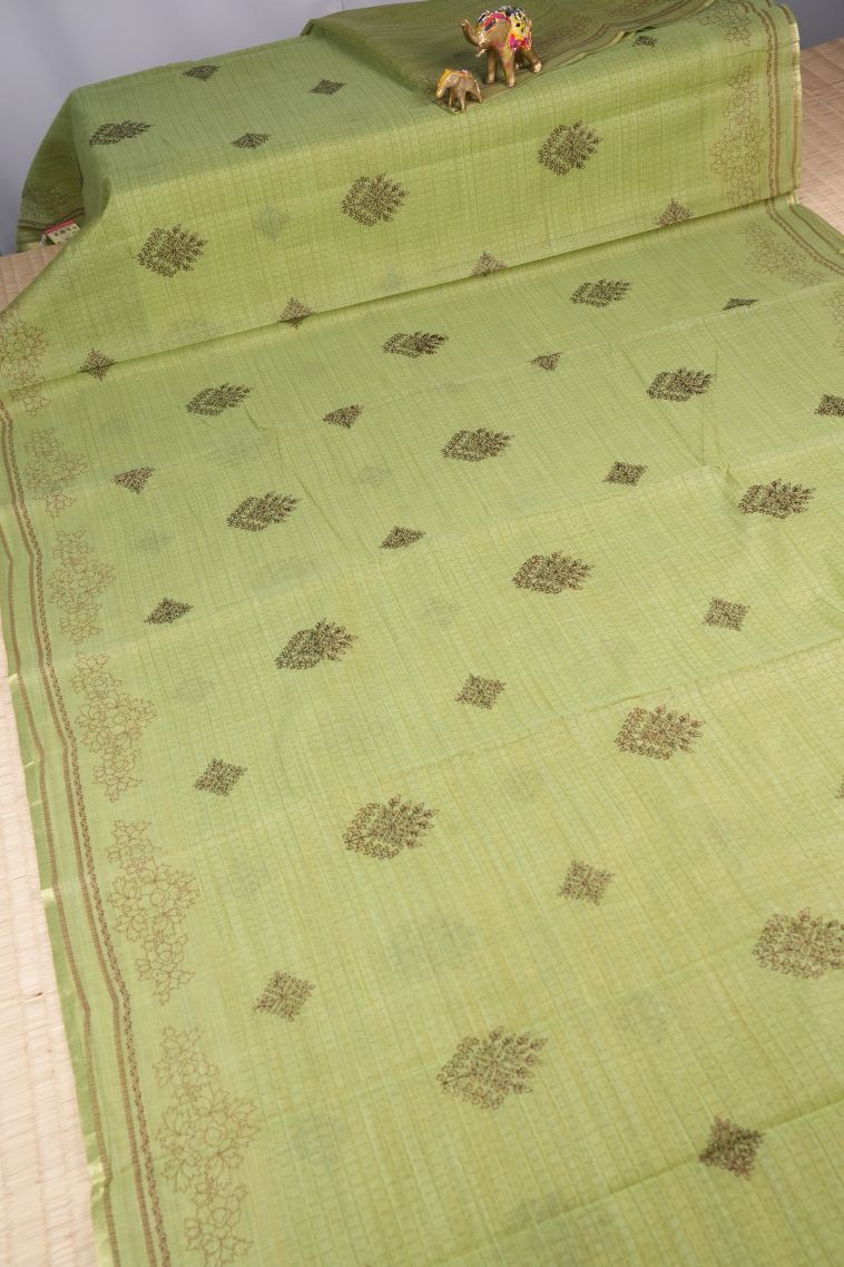 Olive Green Tussar Saree with Without Zari Zari Buttis (small Dots Or Motifs) view 2