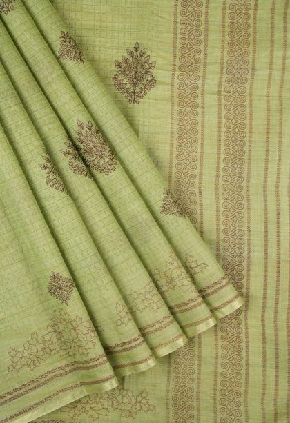 Olive Green Tussar Saree with Without Zari Zari Buttis (small Dots Or Motifs)