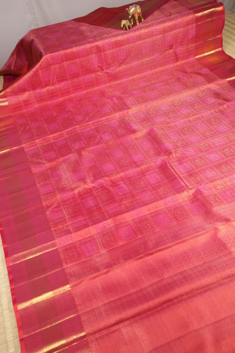 Strawberry Pink Kanchipuram Silk Sarees with Gold Zari Floral Patterns view 2