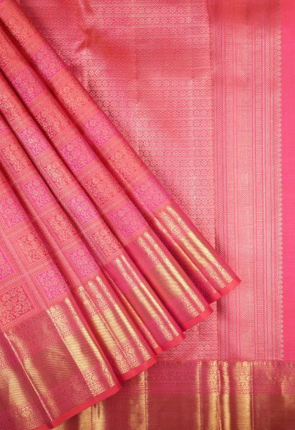 Strawberry Pink Kanchipuram Silk Sarees with Gold Zari Floral Patterns