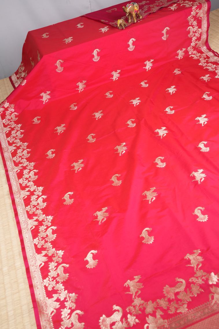 Strawberry Pink Banaras Sarees with Gold Zari Buttis (small Dots Or Motifs) view 2