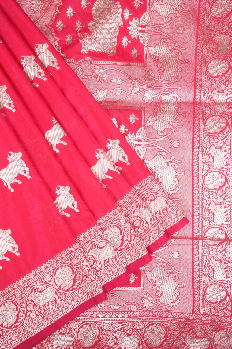 Strawberry Pink Banaras Sarees with Silver Zari Buttis (small Dots Or Motifs) view 1