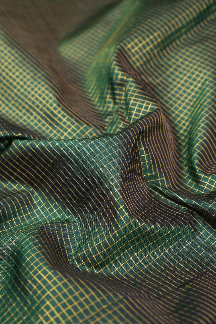 Basil Green Kanchipuram Silk Sarees with Gold Zari Checks view 4