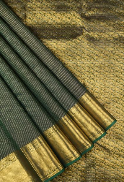 Basil Green Kanchipuram Silk Sarees with Gold Zari Checks