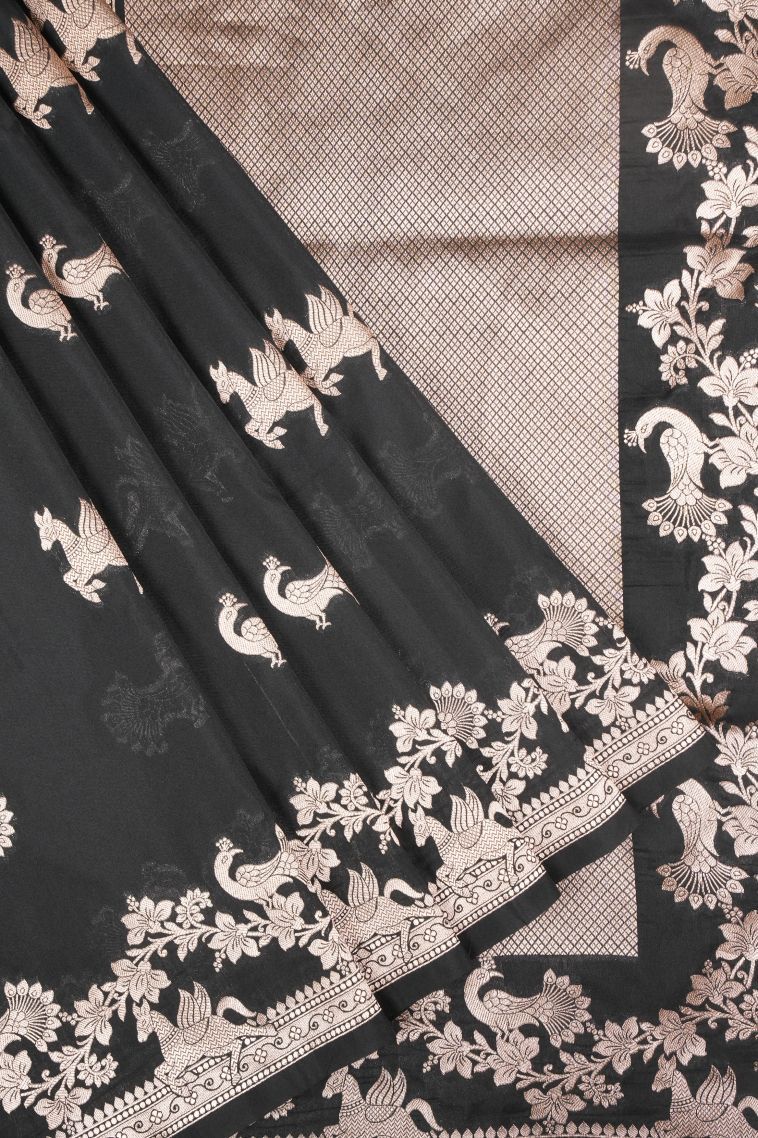 Asphalt Black Banaras Sarees with Gold Zari Buttis (small Dots Or Motifs) view 1