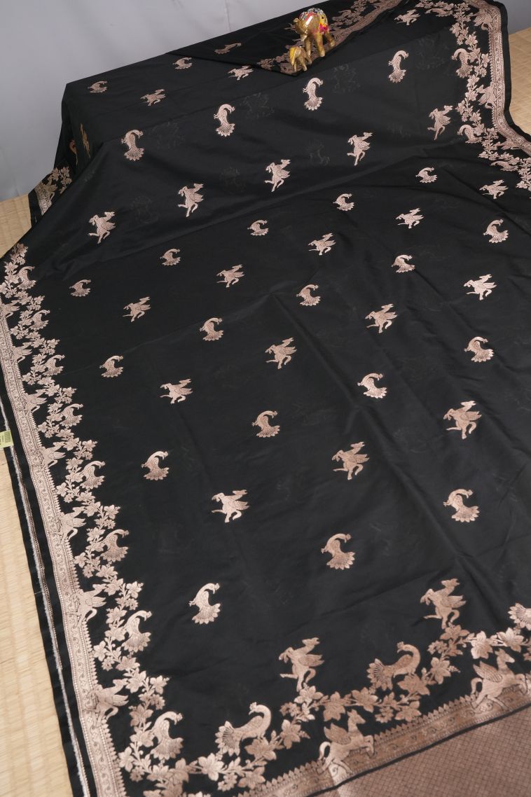 Asphalt Black Banaras Sarees with Gold Zari Buttis (small Dots Or Motifs) view 2