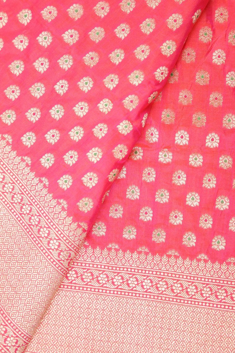 Strawberry Pink Banaras Silk Saree with Gold Zari Floral Patterns view 3