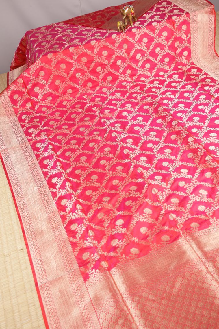 Strawberry Pink Banaras Silk Saree with Gold Zari Floral Patterns view 2