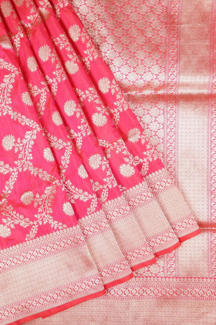 Strawberry Pink Banaras Silk Saree with Gold Zari Floral Patterns view 1