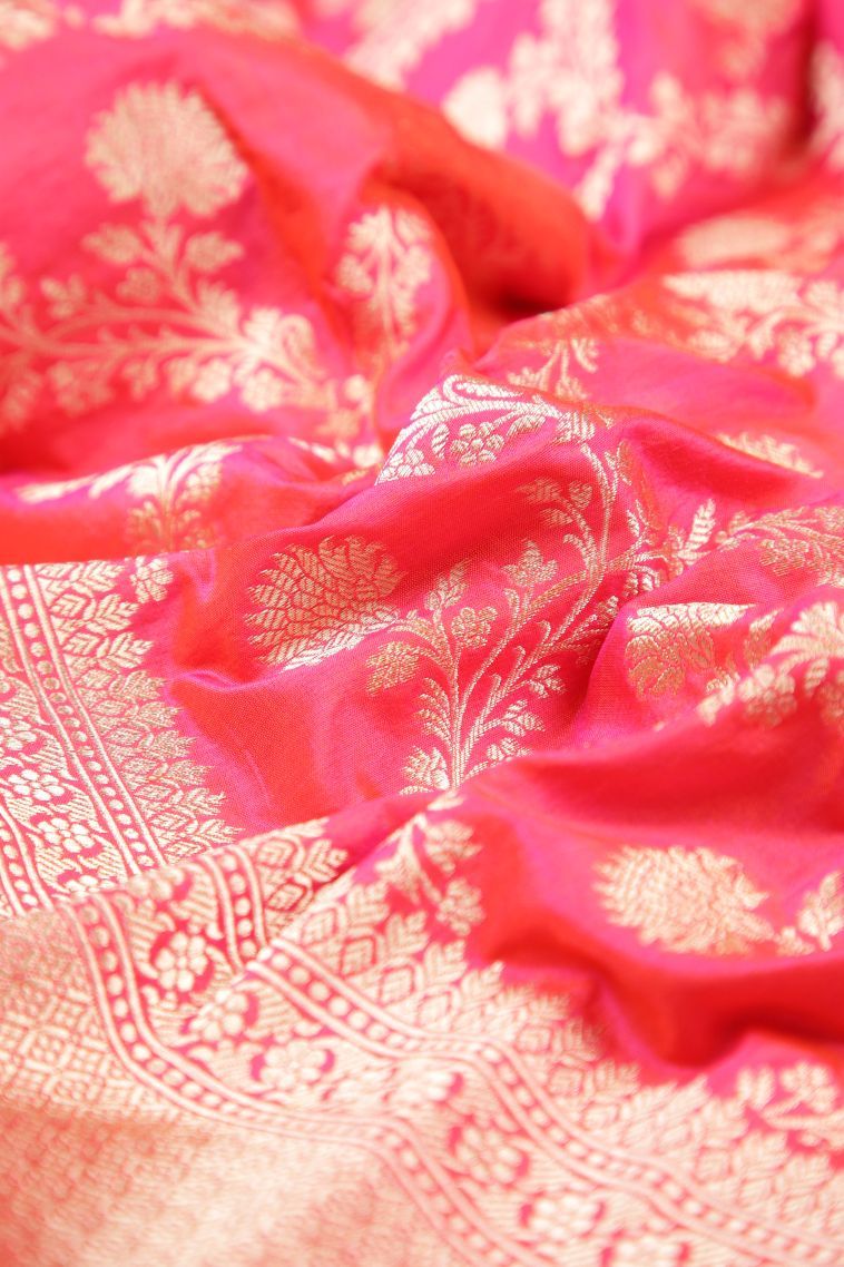 Strawberry Pink Banaras Silk Saree with Gold Zari Floral Patterns view 4