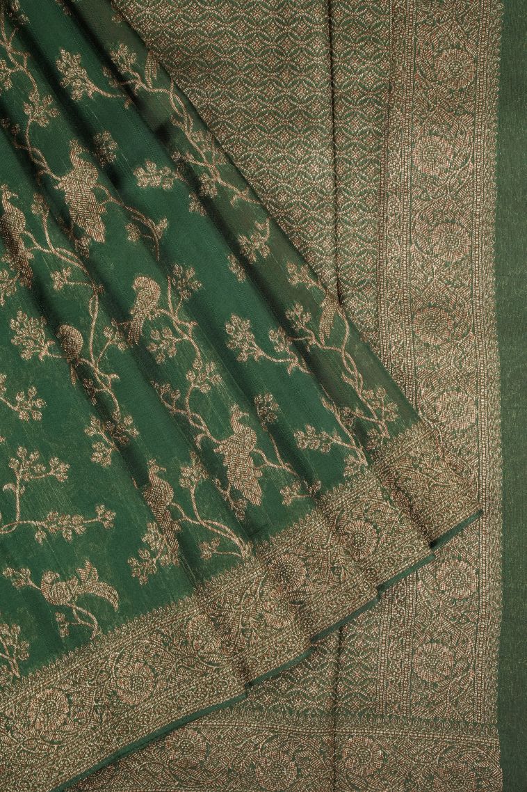 Bottle Green Banaras Sarees with Gold Zari Floral Patterns view 1