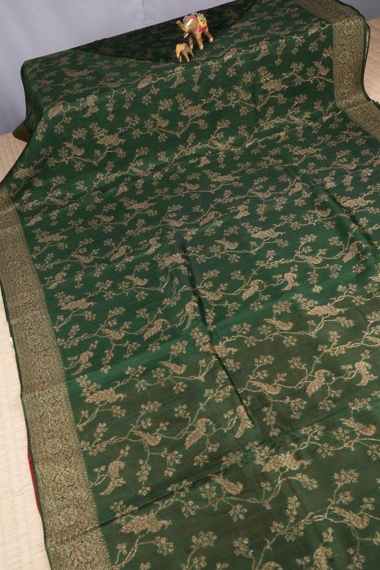 Bottle Green Banaras Sarees with Gold Zari Floral Patterns view 2