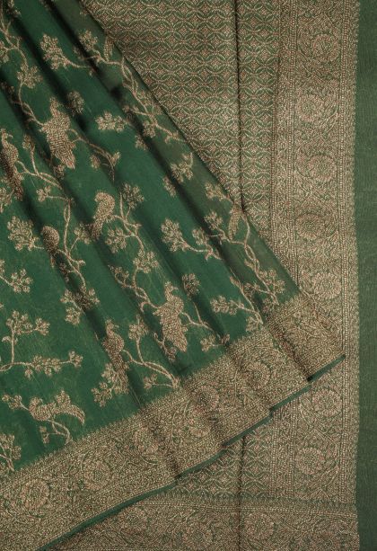Bottle Green Banaras Sarees with Gold Zari Floral Patterns