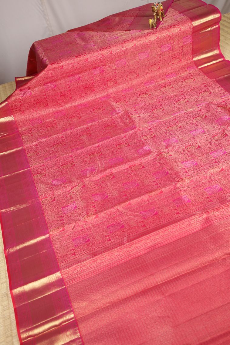 Strawberry Pink Kanchipuram Silk Sarees with Gold Zari Floral Patterns view 2