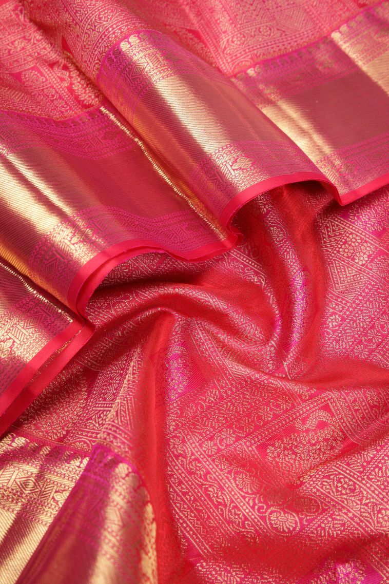 Strawberry Pink Kanchipuram Silk Sarees with Gold Zari Floral Patterns view 4