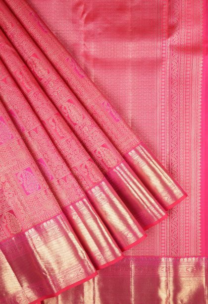 Strawberry Pink Kanchipuram Silk Sarees with Gold Zari Floral Patterns