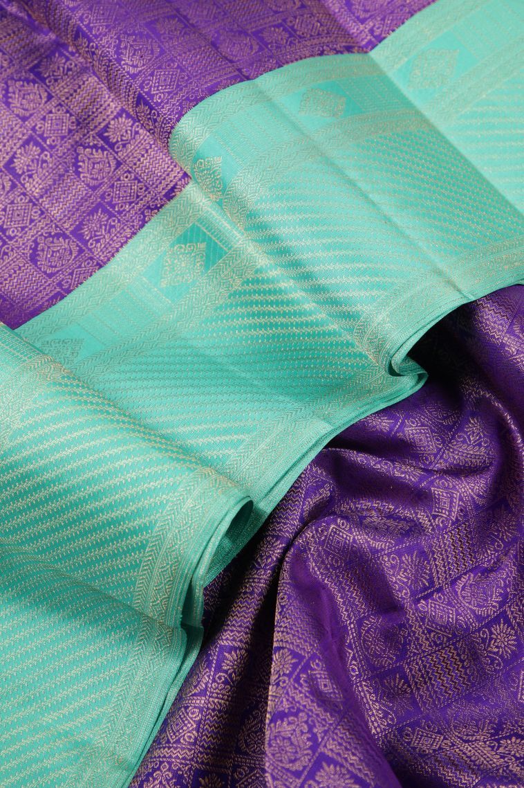Viola Purple Kanchipuram Silk Sarees with Gold Zari Floral Patterns view 4