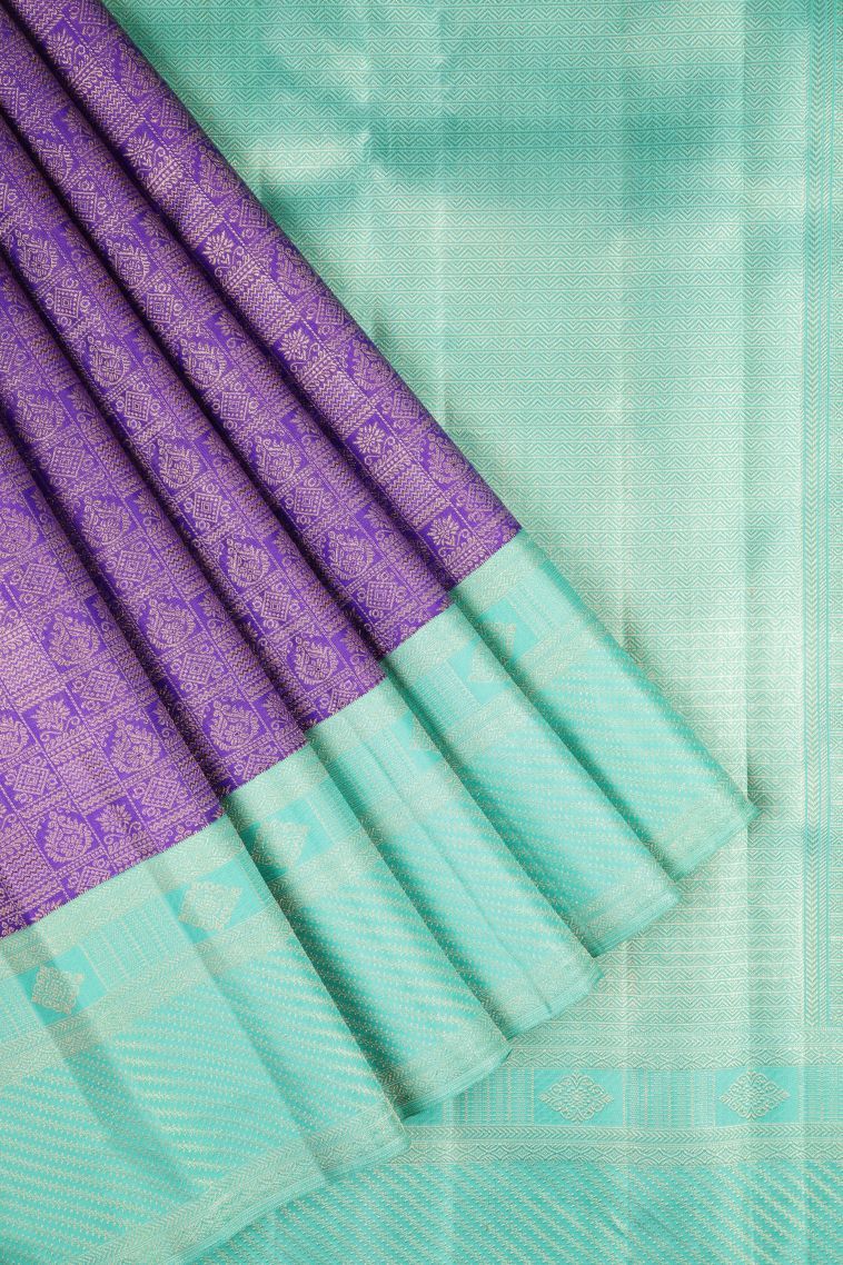 Viola Purple Kanchipuram Silk Sarees with Gold Zari Floral Patterns view 1