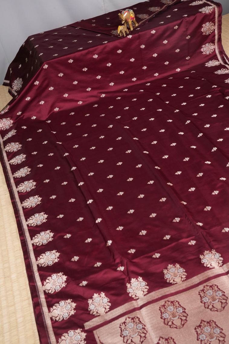 Berry Red Banaras Sarees with Gold Zari Buttis (small Dots Or Motifs) view 2