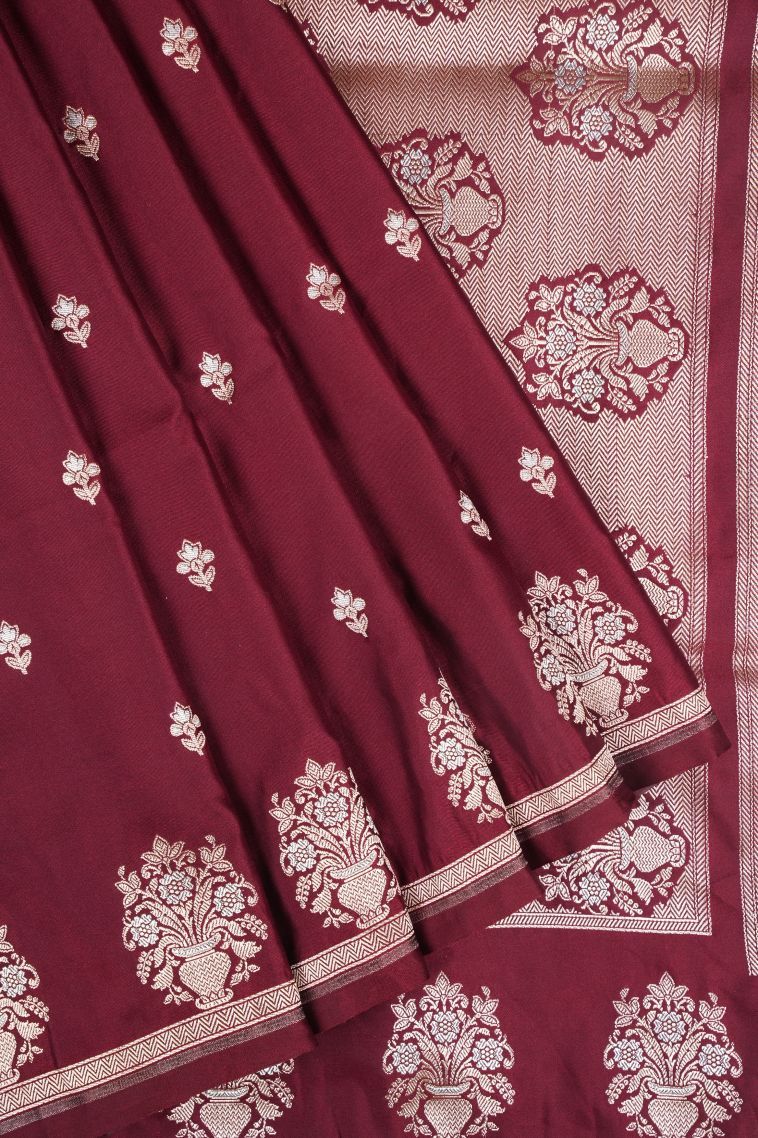 Berry Red Banaras Sarees with Gold Zari Buttis (small Dots Or Motifs) view 1
