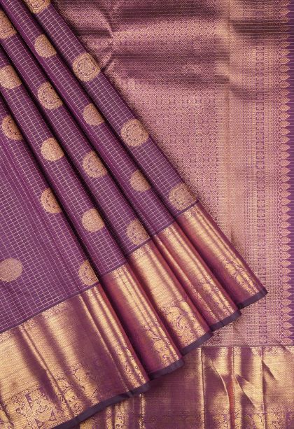 Bosenberry Purple Kanchipuram Silk Sarees with Gold Zari Checks