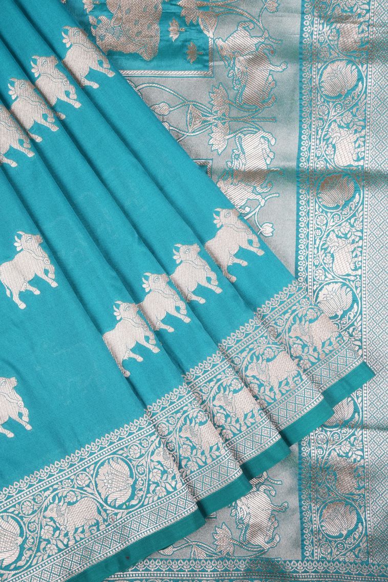 Arctic Blue Banaras Sarees with Gold Zari Buttis (small Dots Or Motifs) view 1