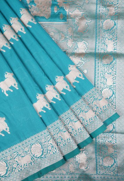 Arctic Blue Banaras Sarees with Gold Zari Buttis (small Dots Or Motifs)