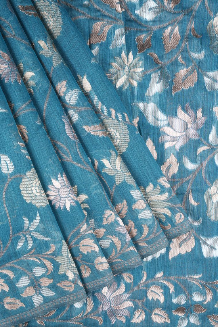 Cerulean Blue Tussar Saree with Silver Zari Floral Patterns view 1