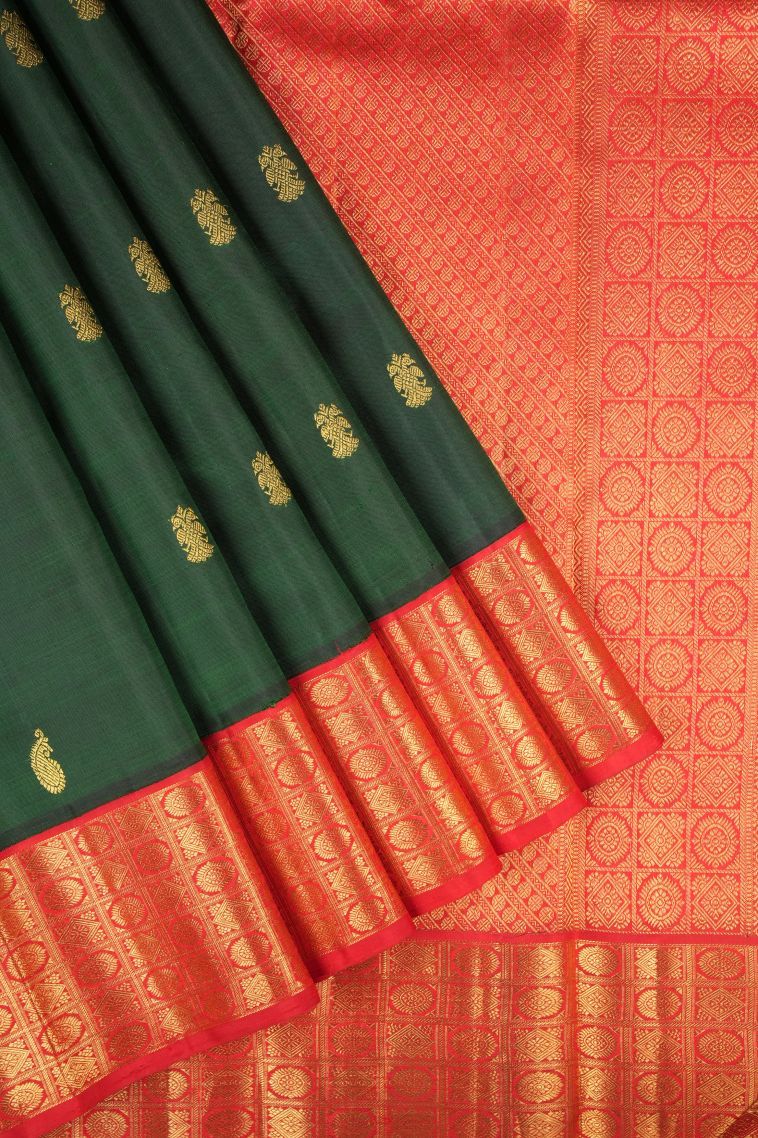 Basil Green Kanchipuram Silk Sarees with Gold Zari Buttis (small Dots Or Motifs) view 1