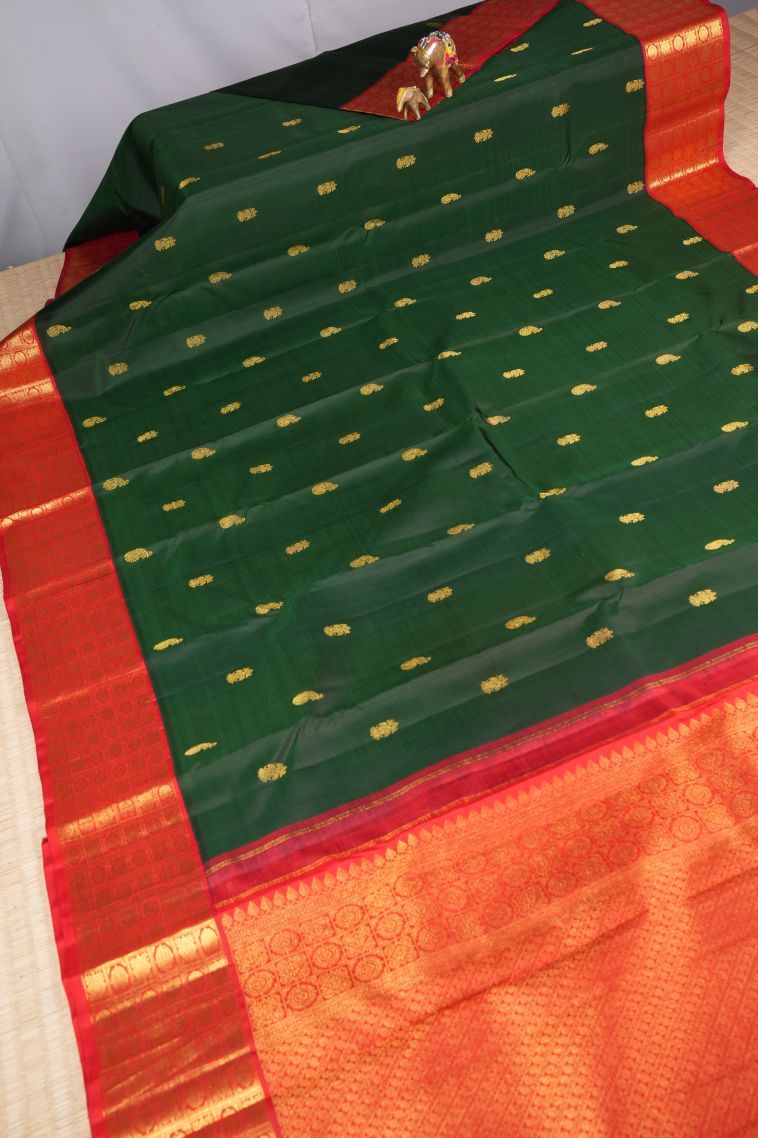 Basil Green Kanchipuram Silk Sarees with Gold Zari Buttis (small Dots Or Motifs) view 2