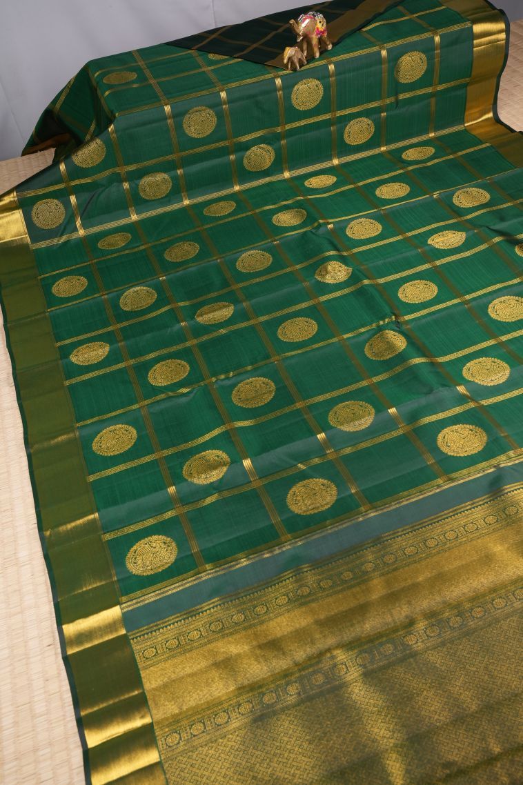 Bottle Green Kanchipuram Silk Sarees with Gold Zari Checks view 2