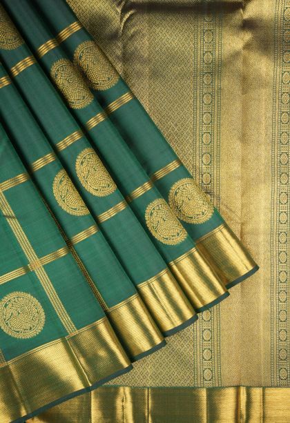 Bottle Green Kanchipuram Silk Sarees with Gold Zari Checks