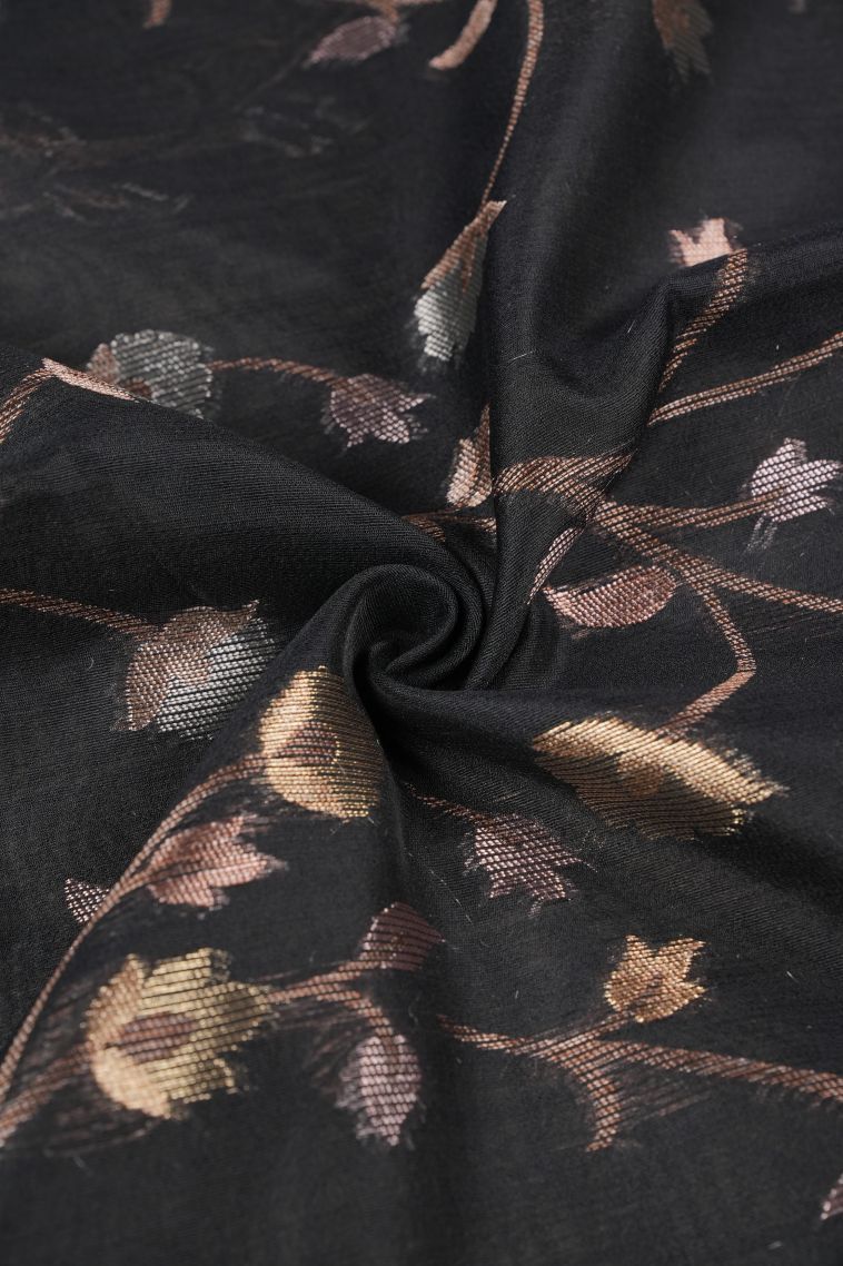 Asphalt Black Tussar Saree with Silver Zari Floral Patterns view 4
