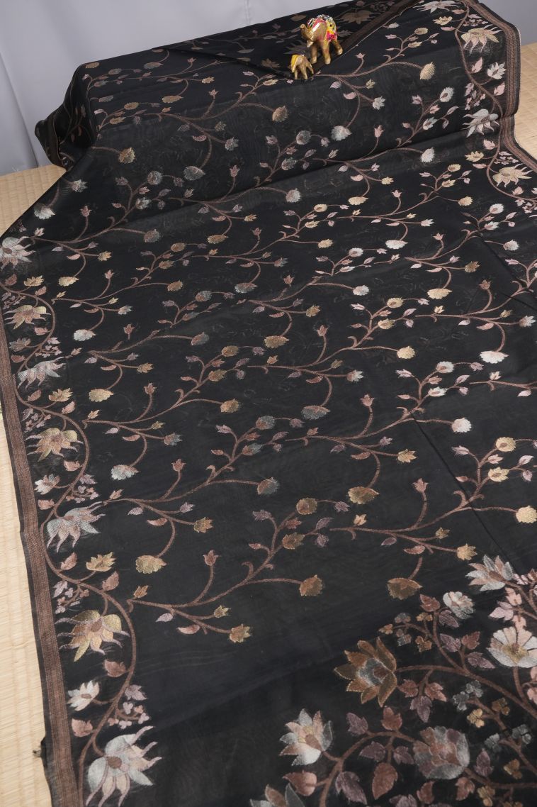 Asphalt Black Tussar Saree with Silver Zari Floral Patterns view 2