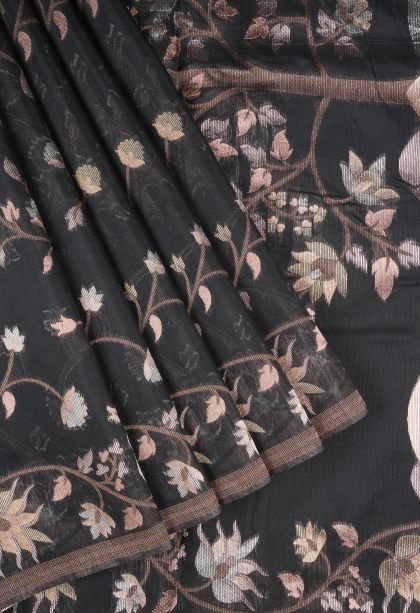 Asphalt Black Tussar Saree with Silver Zari Floral Patterns