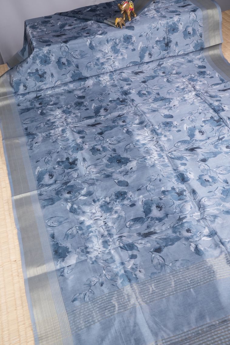 Lapis Blue Tussar Saree with Without Zari Zari Floral Patterns view 2