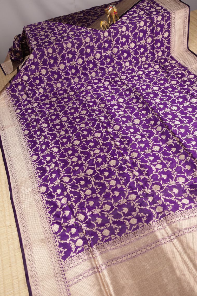 Viola Purple Banaras Silk Saree with Gold Zari Floral Patterns view 2