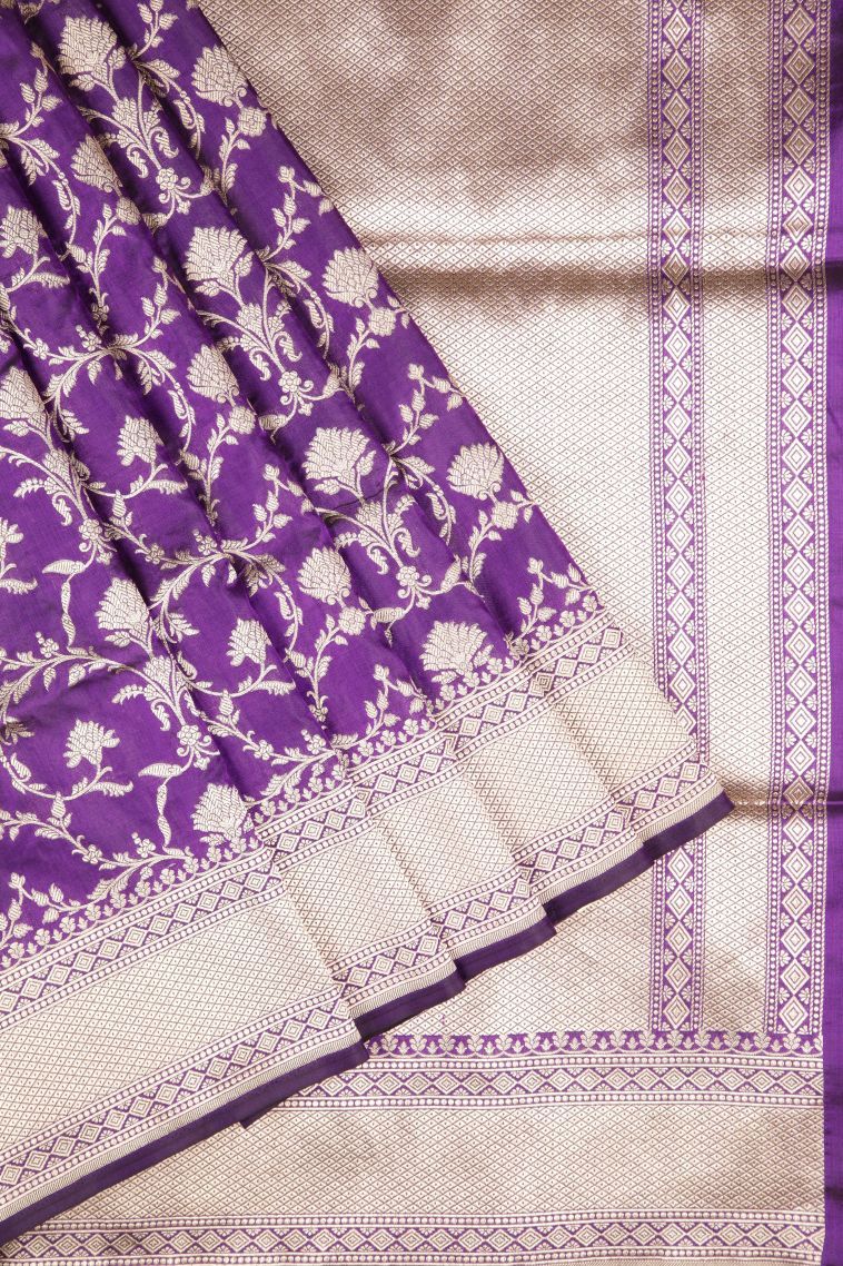 Viola Purple Banaras Silk Saree with Gold Zari Floral Patterns view 1