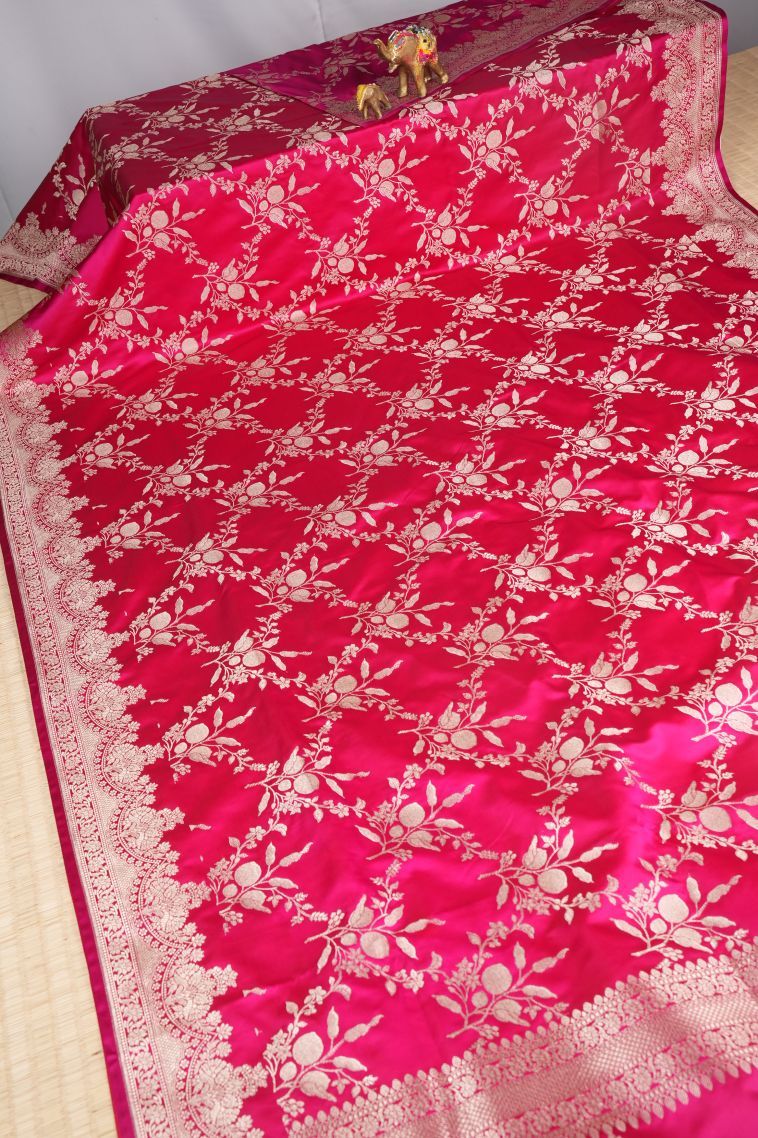 Magenta  Pink Banaras Sarees with Silver Zari Floral Patterns view 2