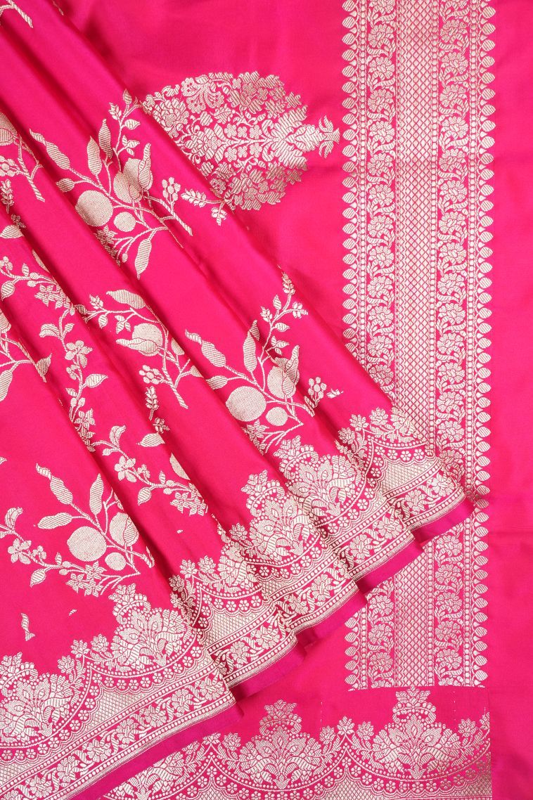Magenta  Pink Banaras Sarees with Silver Zari Floral Patterns view 1