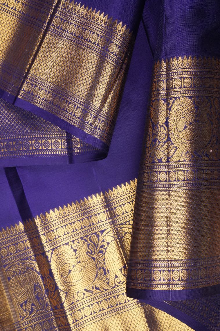 Navy Blue Kanchipuram Silk Sarees with Gold Zari Buttis (small Dots Or Motifs) view 3