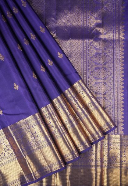 Navy Blue Kanchipuram Silk Sarees with Gold Zari Buttis (small Dots Or Motifs)