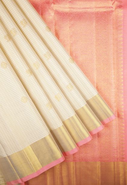 Coconut White Kanchipuram Silk Sarees with Gold Zari Checks
