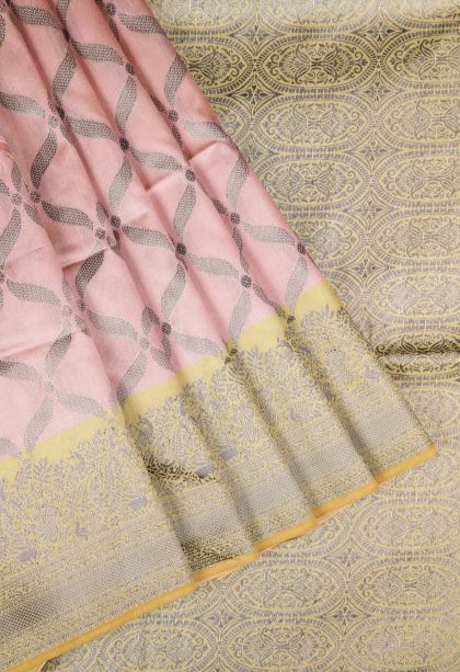 Coral Pink Tussar Saree with Without Zari Zari Floral Patterns