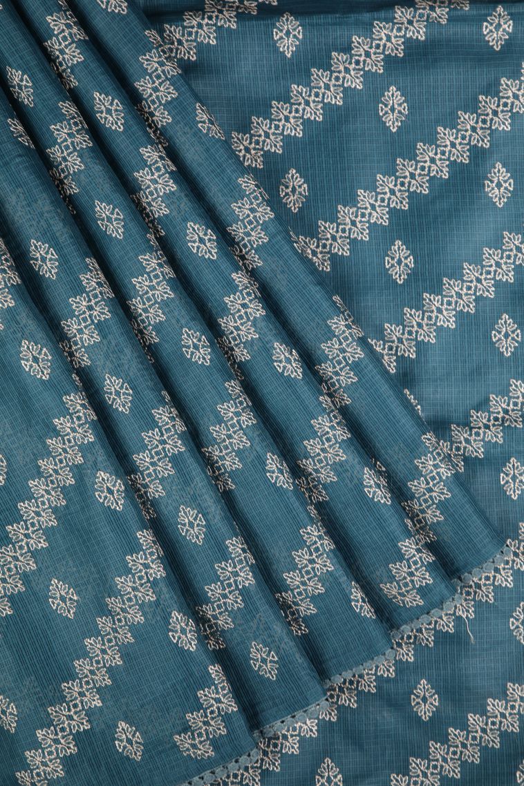 Aegean Blue Organza Saree with Without Zari Zari Floral Patterns view 1