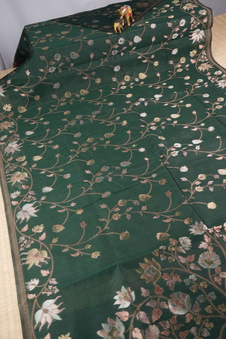 Basil Green Tussar Saree with Silver Zari Floral Patterns view 2
